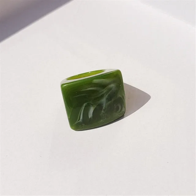 Transparent Resin Acrylic Geometric Square Ring Colorful Cartoon Love Flower for Women Girls Jewelry Gifts HUANZHI 2021