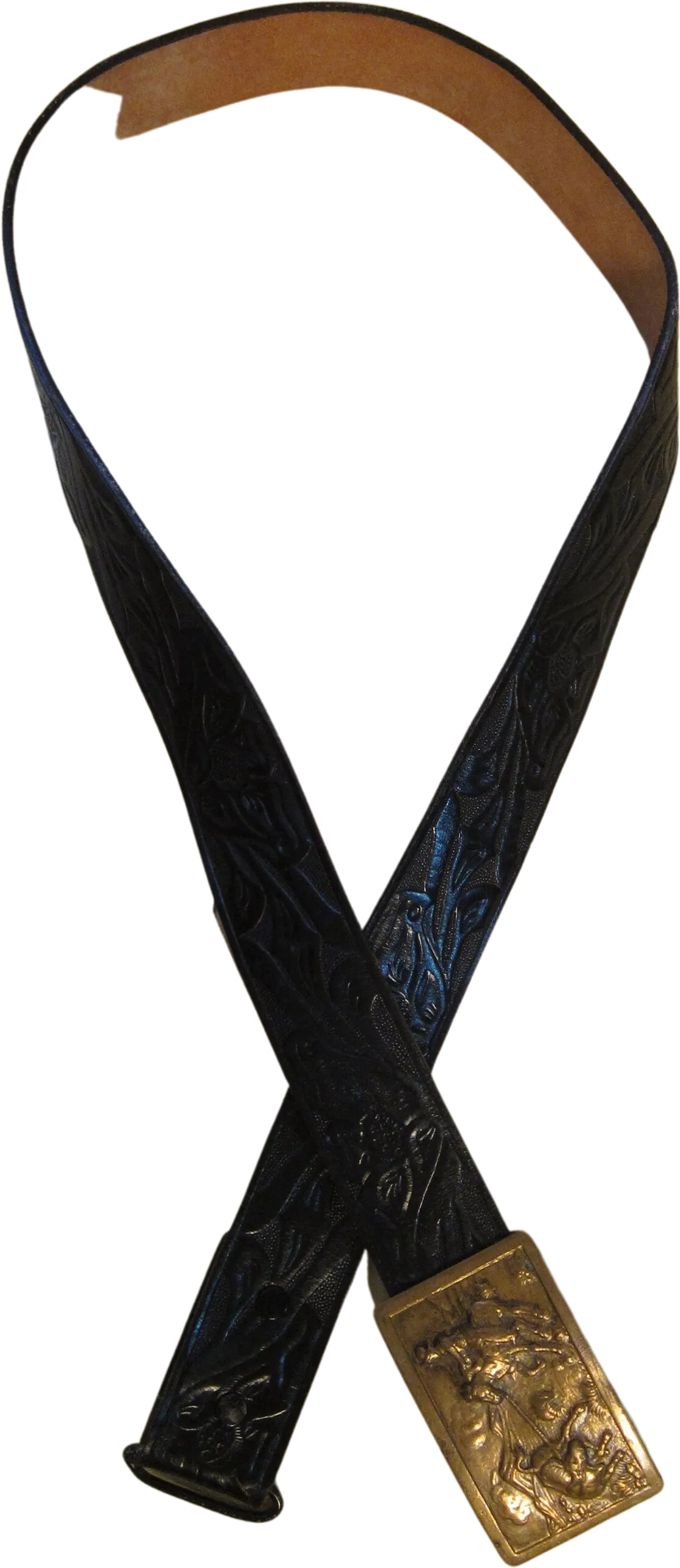(up To 41.5") * Brass Buckle On Black Tooled Belt