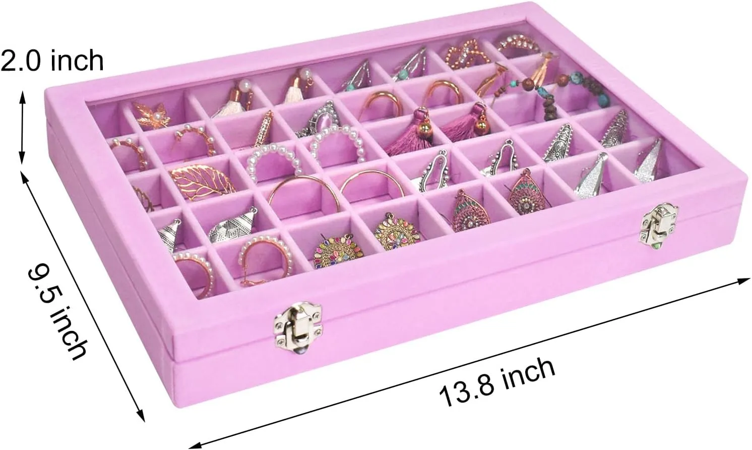 Velvet Jewelry Tray 48 Grid Jewelry Display Tray Organizer Box with Transparent Lid Rings Earrings Necklaces Pendants Display Box Suitable for Women and Girls (Pink)