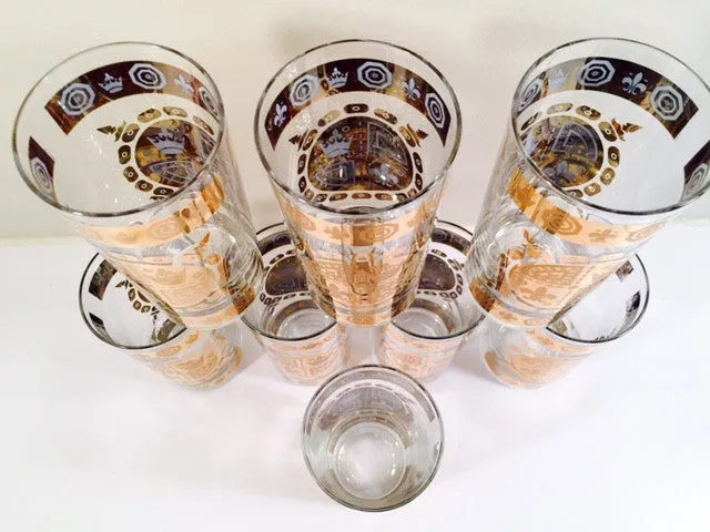 Vito Bari - Signed 22 Karat Gold 1960's Gold Crest Glasses (Set of 8)