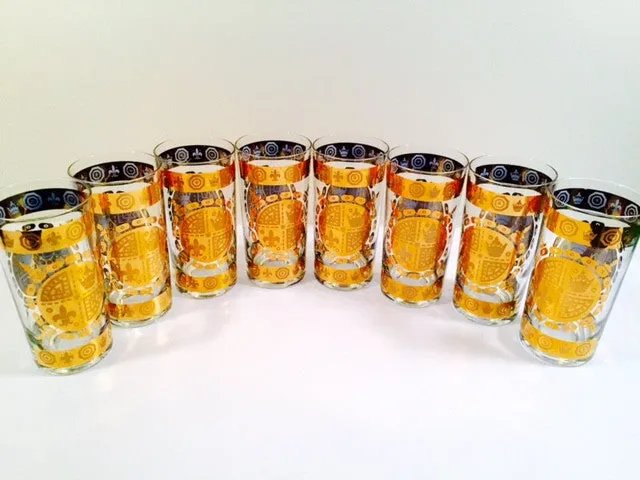 Vito Bari - Signed 22 Karat Gold 1960's Gold Crest Glasses (Set of 8)