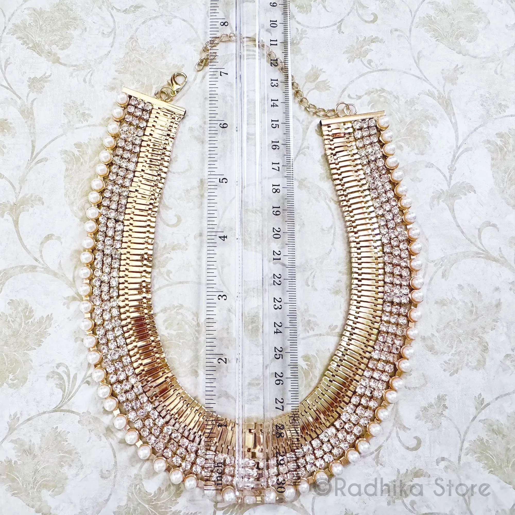 Wide Golden Pearl and Rhinestone Necklace