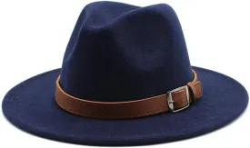 Woolen Jazz Hat, British Style Hat, Big Brimmed Hat, Men's and Women's Fashion Flat Brimmed Hat Felt Hat Fengyan Cowboy Hats (Color : Navy, Size : 56-58cm)
