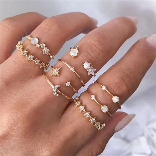 WUKALO New Vintage Gold Crystal Rings 2021 Bohemian Moon Star Ring For Women Midi Finger Ring Set Wedding Fashion Jewelry Gifts