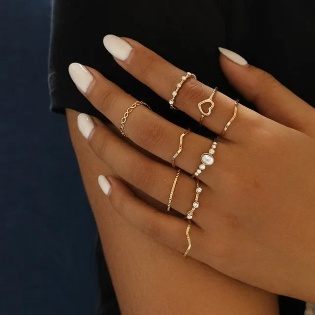 WUKALO New Vintage Gold Crystal Rings 2021 Bohemian Moon Star Ring For Women Midi Finger Ring Set Wedding Fashion Jewelry Gifts
