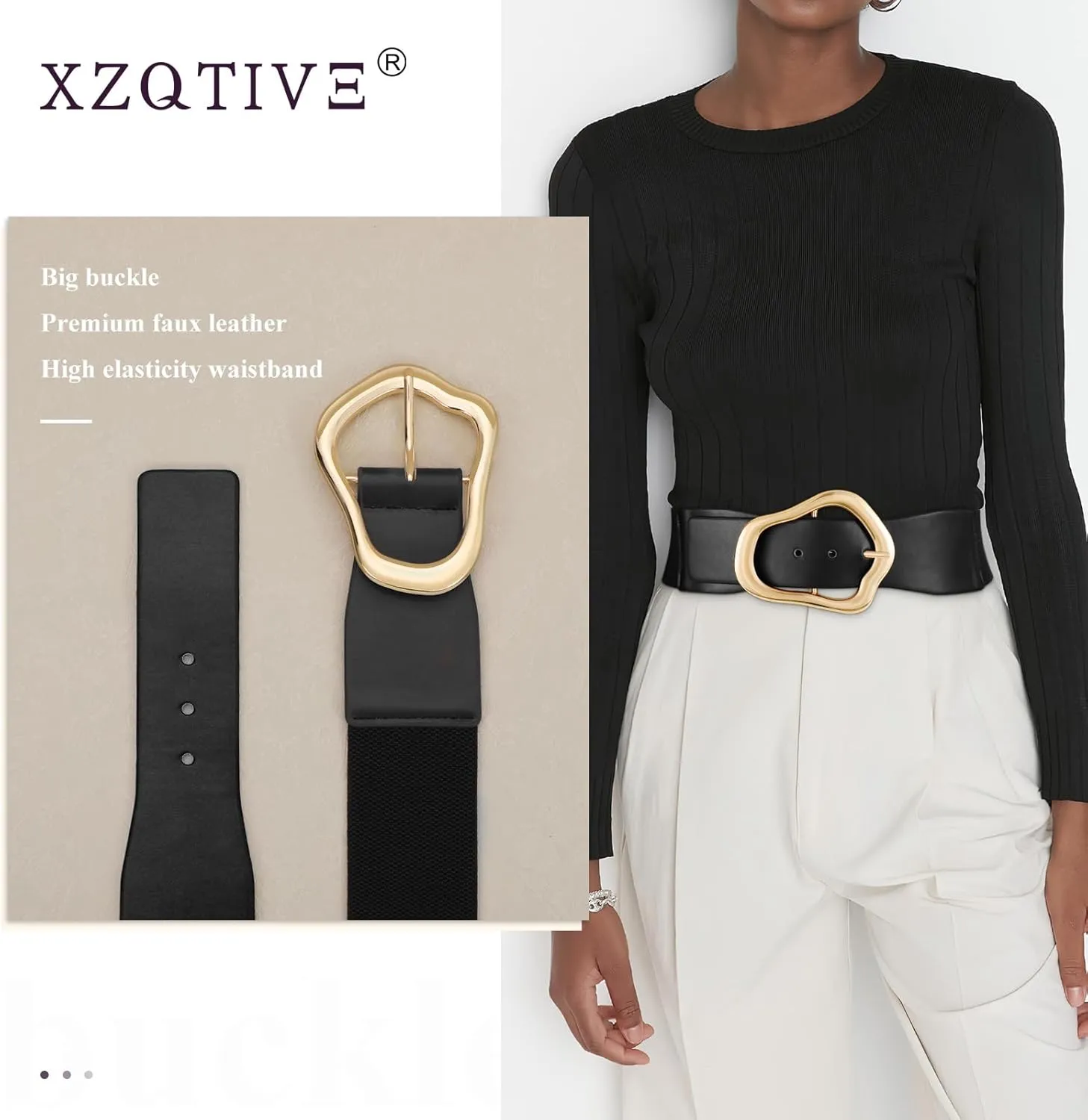 XZQTIVE Women Wide Elastic Waist Belt for Dresses Fashion Big Gold Buckle Stretchy Leather Waistband for Ladies