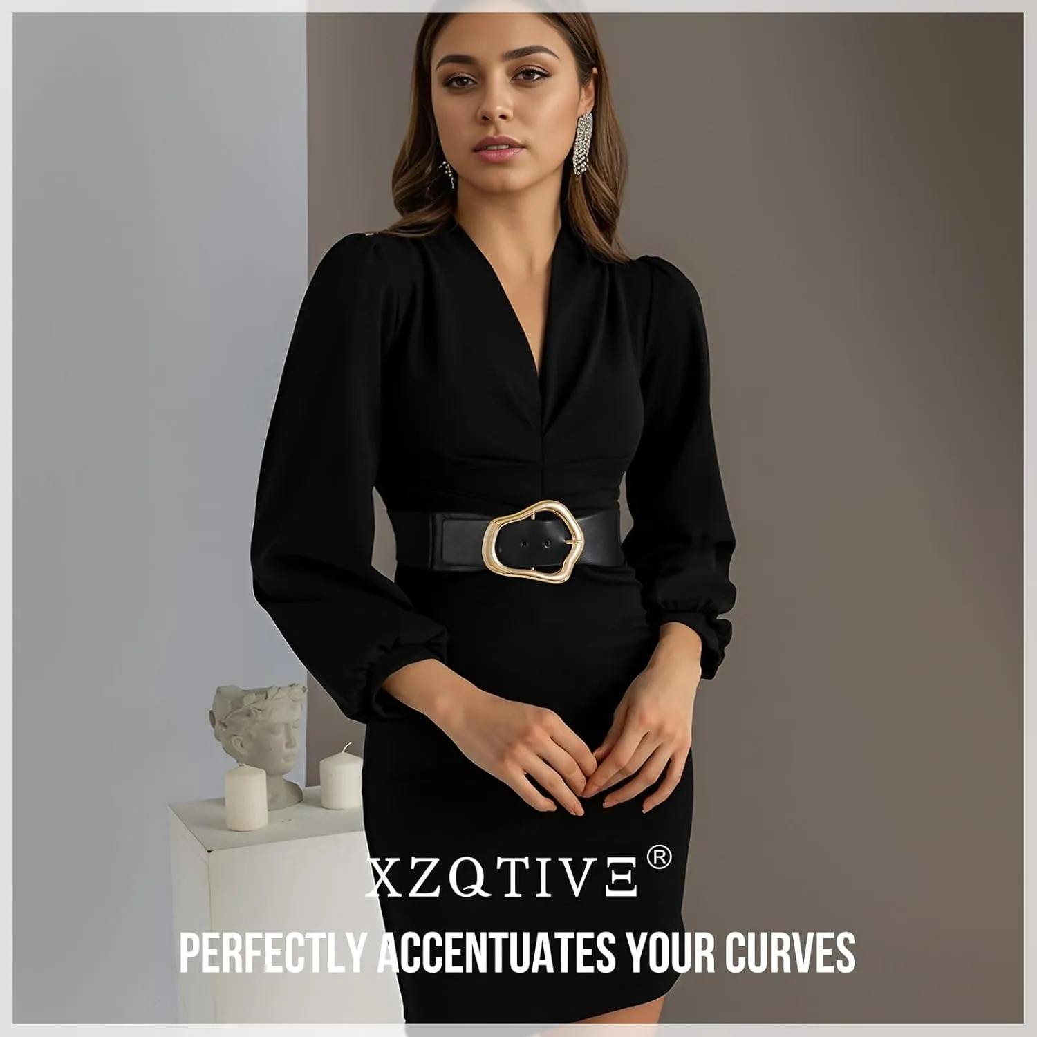 XZQTIVE Women Wide Elastic Waist Belt for Dresses Fashion Big Gold Buckle Stretchy Leather Waistband for Ladies